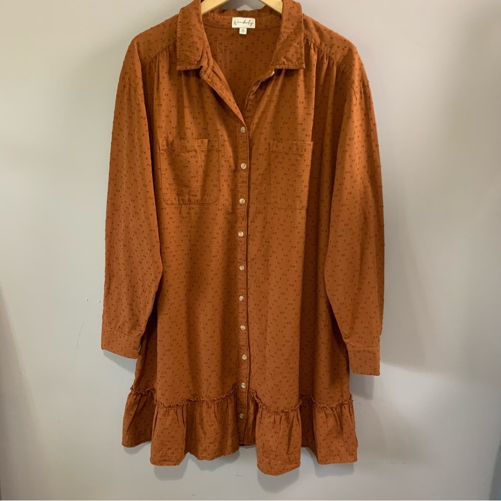 Wonderfly Rust Button Front Ruffle Hem Dress Plus… - image 2